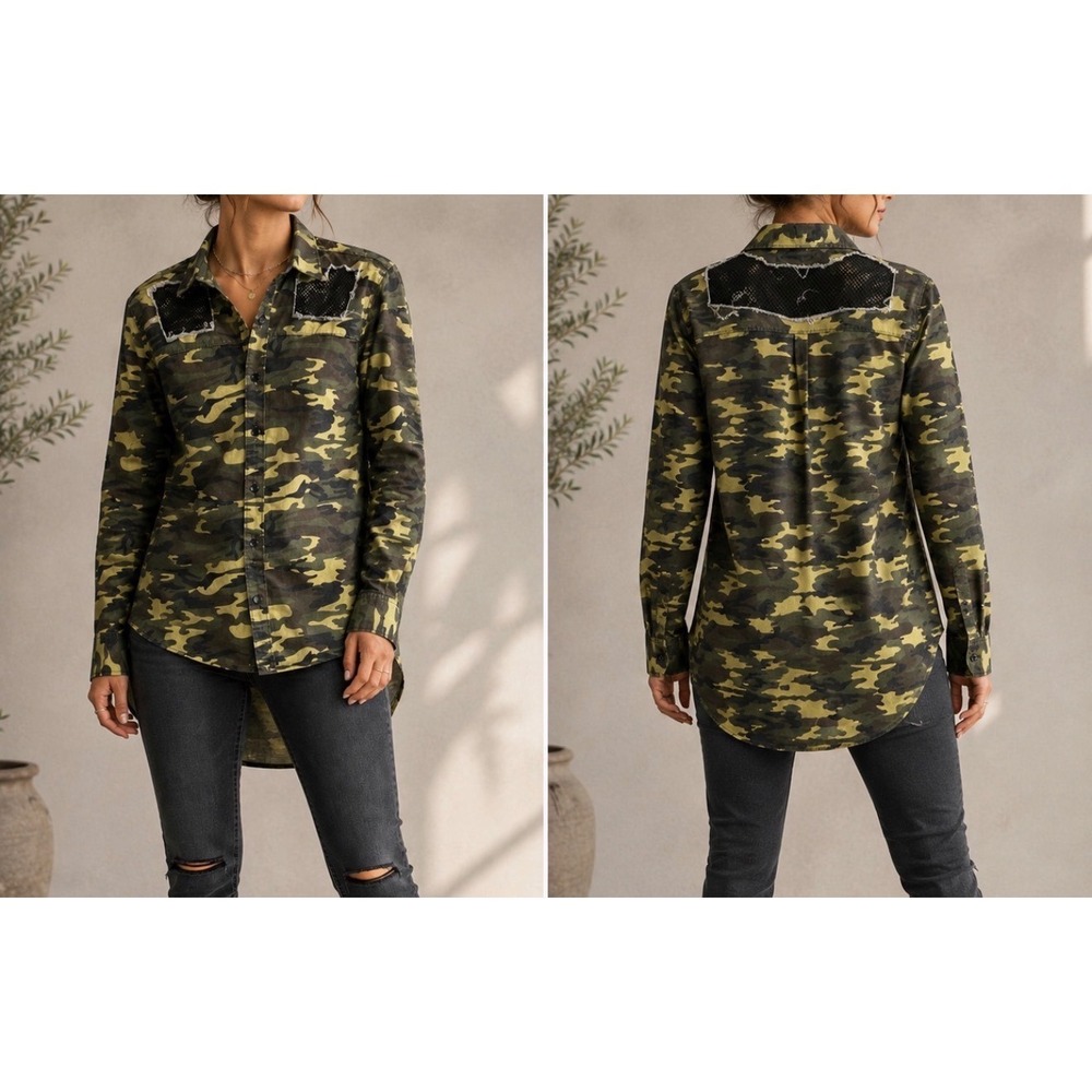 Thrill‎ Jeans Camo Mesh Distressed High Low Button Up Shirt XL Camouflage Punk